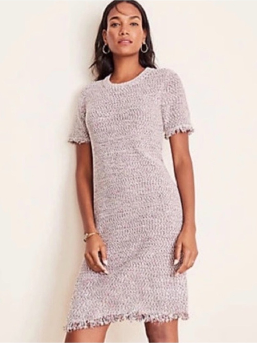 Ann Taylor Light Mauve Knit Short Sleeve Fringe Tweed Sweater Midi Dress